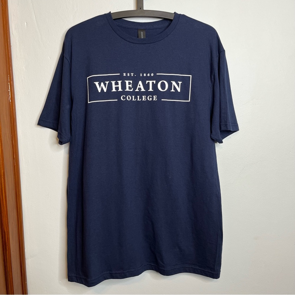 Wheaton College Short Sleeve Tee Shirt Navy Blue White L EUC